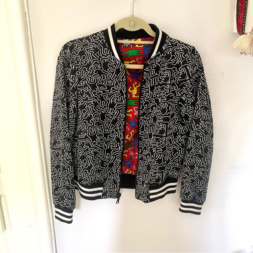 Keith Haring x Alice + Olivia Lonnie Reversible Bomber Jacket in Silk